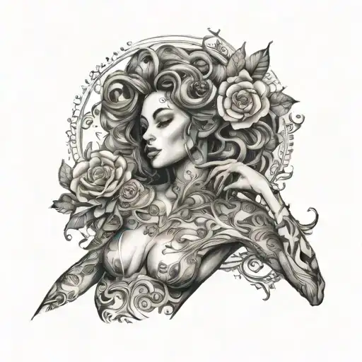 A seductive and alluring tattoo featuring a Muse-inspired figure with intricate details and shading tattoo design idea