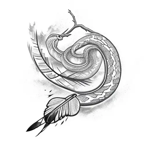 a bird feather with tree branches around it. a snake surrounding feather and has thunders around it. tattoo design idea