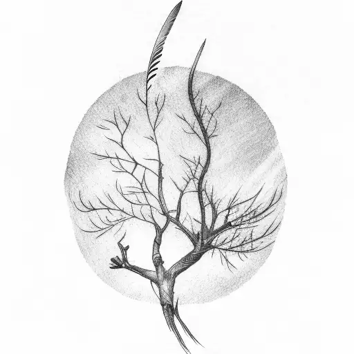 a bird feather with tree branches around it. tattoo design idea