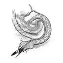 a bird feather with tree branches around it. a snake surrounding feather and has thunders around it. tattoo design idea