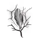 a bird feather with tree branches around it. a snake surrounding feather and has thunders around it. tattoo design idea
