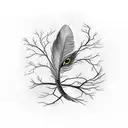 a bird feather with tree branches around it. a snake surrounding feather and has thunders around it. tattoo design idea