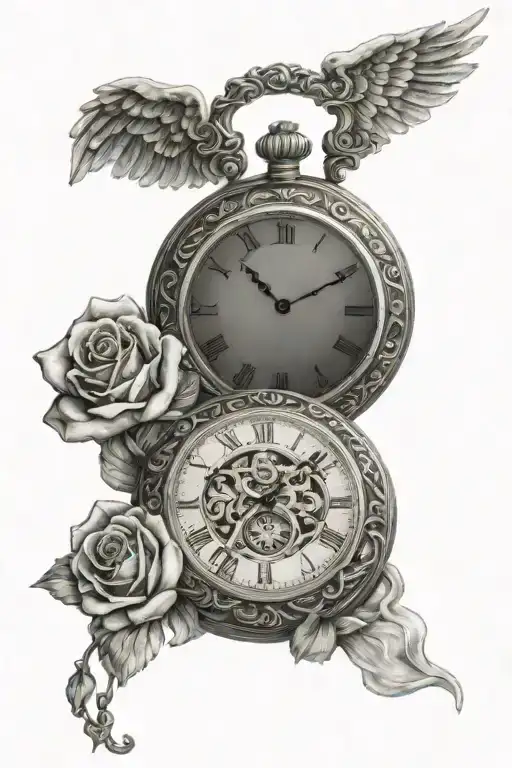pocket watch with roses, angels and clouds in the background tattoo design idea