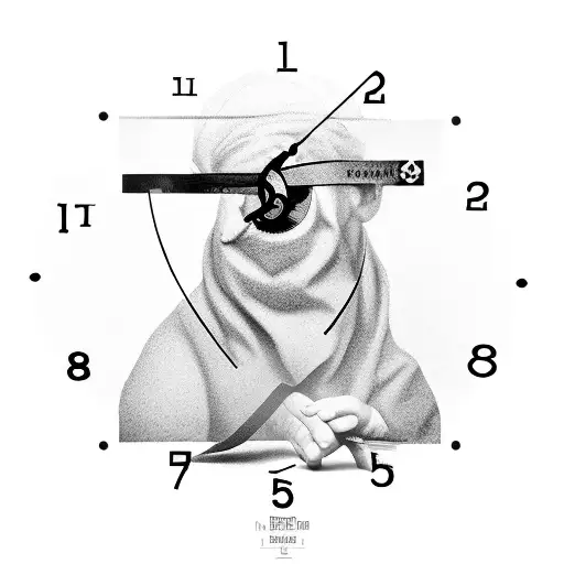 A blindfolded figure holding a broken clock, representing the concept of timelessness tattoo design idea
