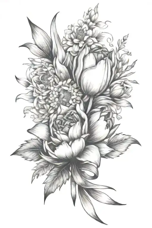 bouquet of flowers: tulip, chrysanthemum, and sprigs tied with a ribbon in a forearm tattoo design idea