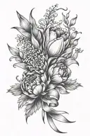 bouquet of flowers: tulip, chrysanthemum, and sprigs tied with a ribbon in a forearm tattoo design idea