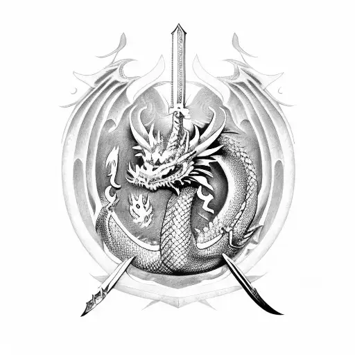 dragon guarding sword tattoo design idea