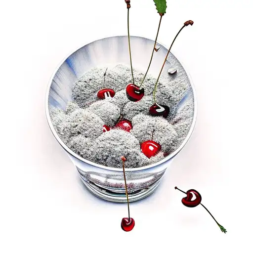 a wine bottle with blood drops. cherries thyme and rosemary in a bowl tattoo design idea