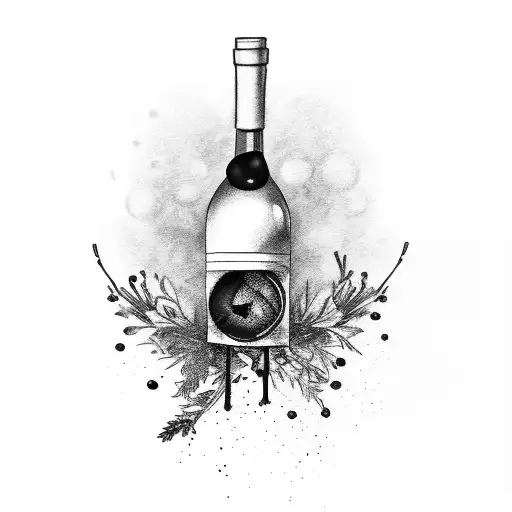 a wine bottle with blood drops. cherries thyme and rosemary in a bowl tattoo design idea