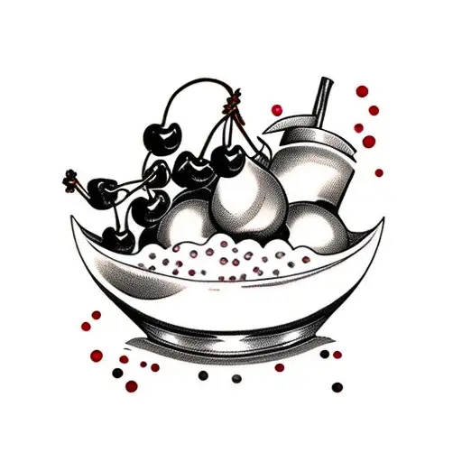 a wine bottle with blood drops. cherries thyme and rosemary in a bowl tattoo design idea