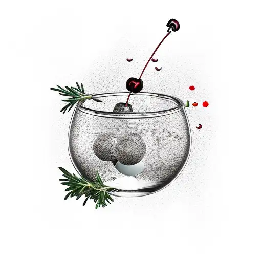 a wine bottle with blood drops. cherries thyme and rosemary in a bowl tattoo design idea