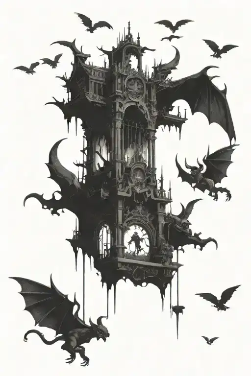 gates of hell with demons flying out  tattoo design idea