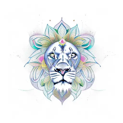 Yoga pose with lion and lotus flower intertwined tattoo design idea