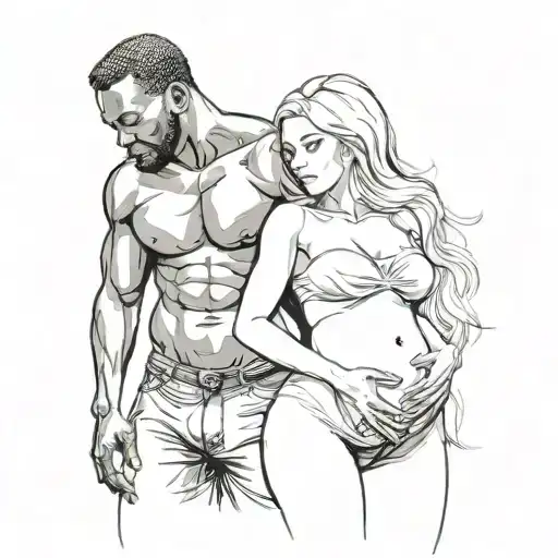 nude slim young pregnant european blonde teenage girl and muscular black man tattoo design idea