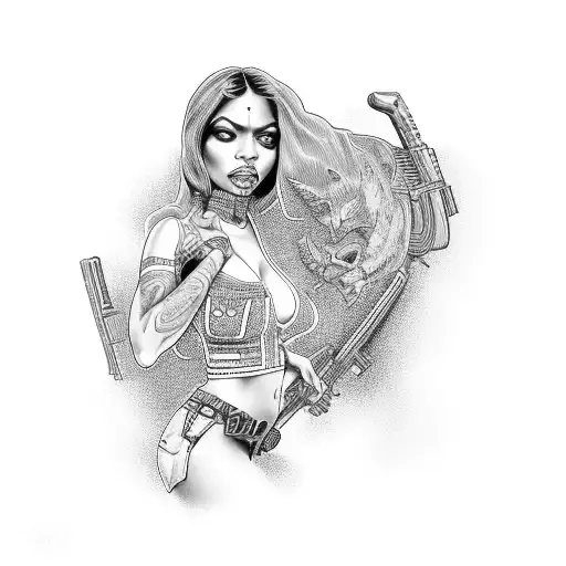 Chicano Girl with Guns and Lowriders tattoo design idea
