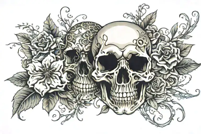 skeleton and skull flowers wrapped tattoo design idea