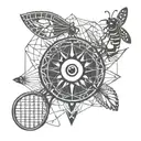 tennis racket and ball,evil eye,bee, om symbol tattoo design idea