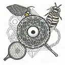 tennis racket and ball,evil eye,bee, om symbol tattoo design idea