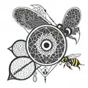 tennis racket and ball,evil eye,bee, om symbol tattoo design idea