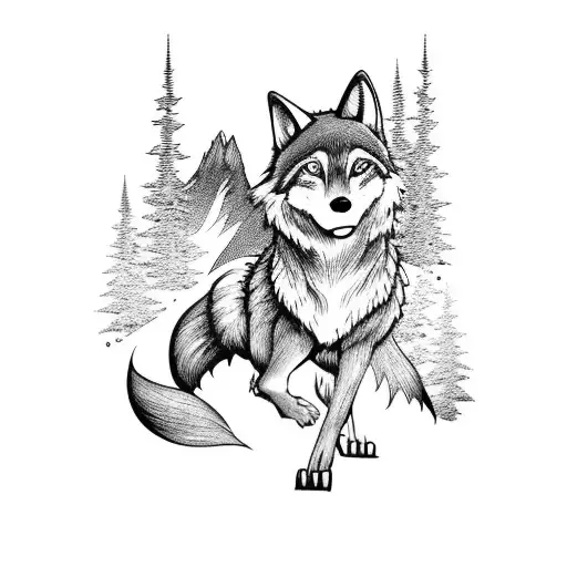 little blue riding hood in a forest trail with mountains and hiding wolf tattoo design idea