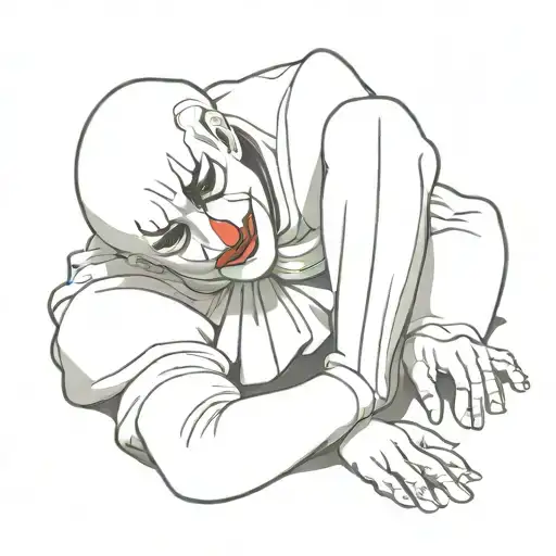 a pierrot clown laying on his stomach, his face resting on his hands. he has one tibia up tattoo design idea