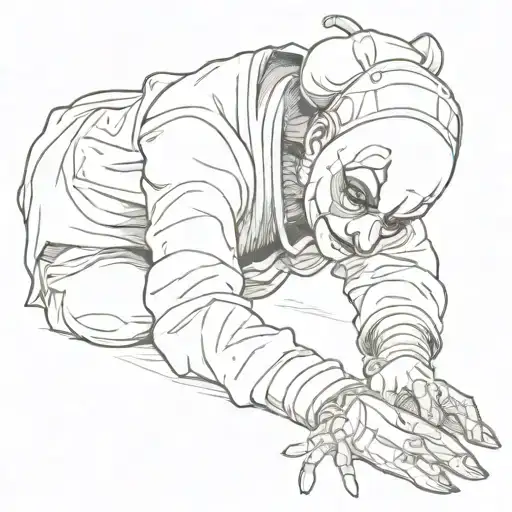 a pierrot clown laying on his stomach, his face resting on his hands. view from the side, 1920's look tattoo design idea