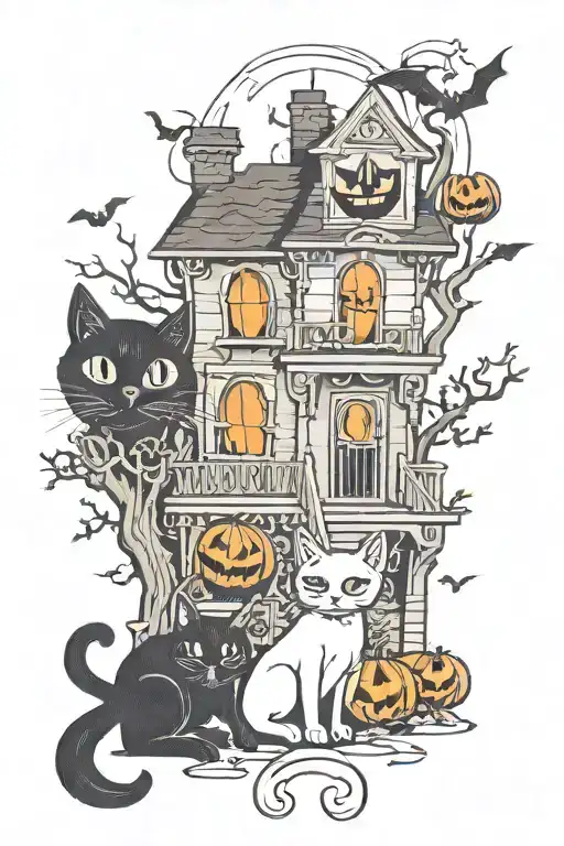 jack o' lantern, haunted house, black cat sitting, ghosts tattoo design idea
