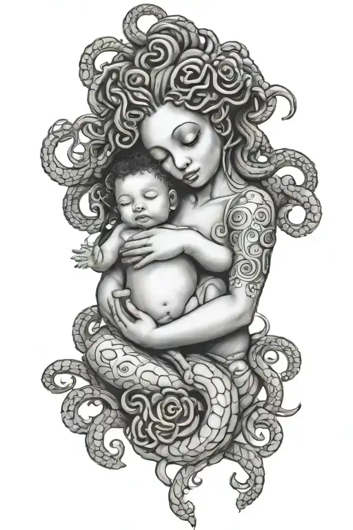 Black Medusa breastfeeding a baby tattoo design idea