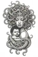 Black Medusa breastfeeding a baby tattoo design idea