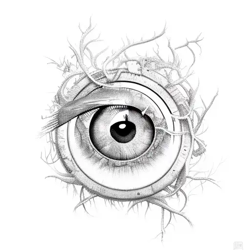 An ethereal eye shedding tears of blood, surrounded by thorny vines tattoo design idea