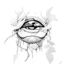 An ethereal eye shedding tears of blood, surrounded by thorny vines tattoo design idea