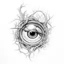 An ethereal eye shedding tears of blood, surrounded by thorny vines tattoo design idea
