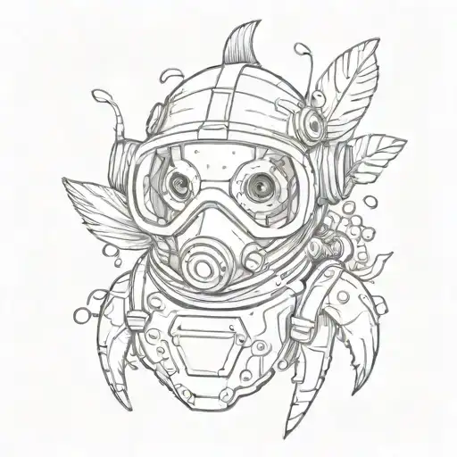 a design of a chick with a diving mask, diving fins and a diving tank tattoo design idea