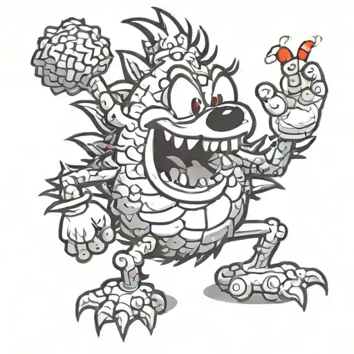 A smoky cartoon fir cone with red eyes, arms and legs like Mickey Mouse laughs and smokes a cigarette tattoo design idea