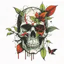 easy simple skull with one green plant, no flowers, the skull must not have shodowing, nor texture  tattoo design idea