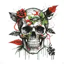 easy simple skull with one green plant, no flowers, the skull must not have shodowing, nor texture  tattoo design idea