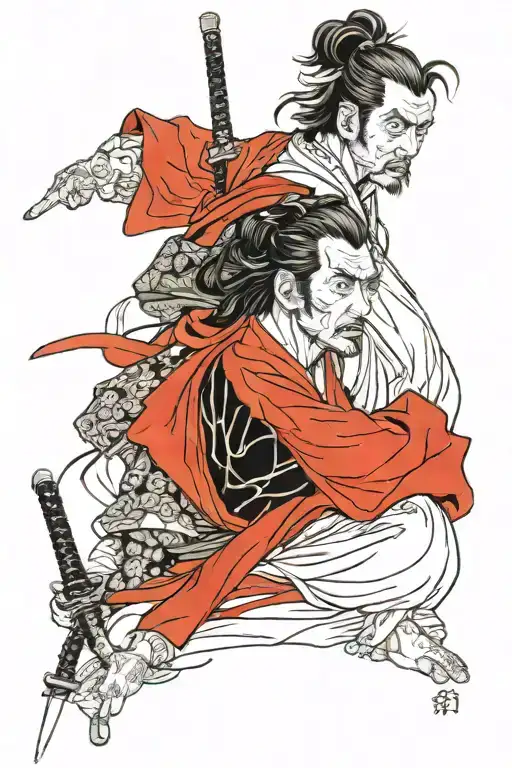 Detailed Tattoo Sketch Description Upper Forearm: Portrait of Miyamoto Musashi: Face and Expression: Detailed, realistic tattoo design idea