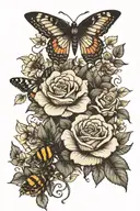 black roses surrounded by bees, butterflies, moths, and dragonflies tattoo design idea