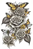 black roses surrounded by bees, butterflies, moths, and dragonflies tattoo design idea