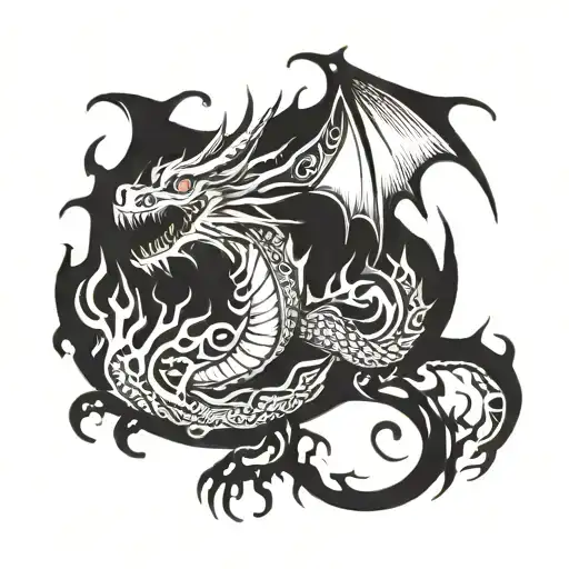 A fiery dragon breathing flames in a blackwork style tattoo design idea