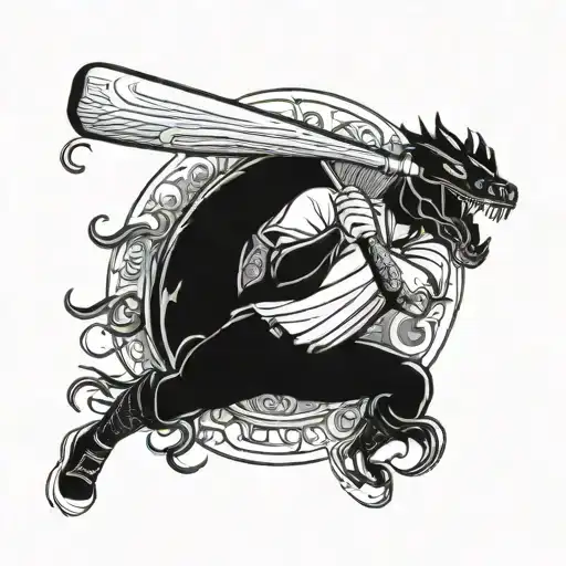 A baseball player swinging a bat with a dragon flying overhead tattoo design idea