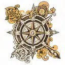compass with sibling initial and family name in the middle tattoo design idea