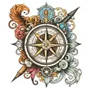 compass with sibling initial and family name in the middle tattoo design idea