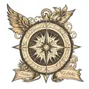 compass with sibling initial and family name in the middle tattoo design idea