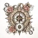compass with sibling initial and family name in the middle tattoo design idea