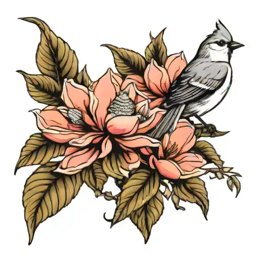 Magnolia and titmouse perched tattoo design idea