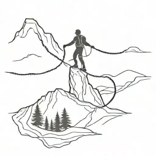 A minimalist design of a hiker silhouette on a mountain peak, with a shibari rope pattern intertwined around the figure, symbolizing the client's passion for hiking and shibari tattoo design idea