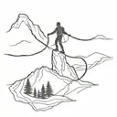 A minimalist design of a hiker silhouette on a mountain peak, with a shibari rope pattern intertwined around the figure, symbolizing the client's passion for hiking and shibari tattoo design idea