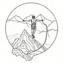 A minimalist design of a hiker silhouette on a mountain peak, with a shibari rope pattern intertwined around the figure, symbolizing the client's passion for hiking and shibari tattoo design idea