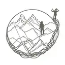 A minimalist design of a hiker silhouette on a mountain peak, with a shibari rope pattern intertwined around the figure, symbolizing the client's passion for hiking and shibari tattoo design idea